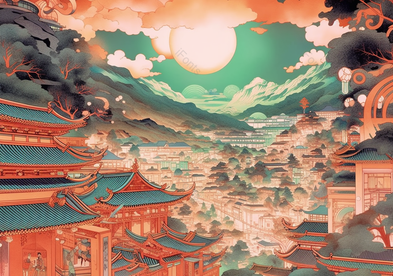 国潮中国风月光下的古式建筑楼阁背景,插画/手绘图,插画/手绘图库,插画/手绘图下载,插画/手绘